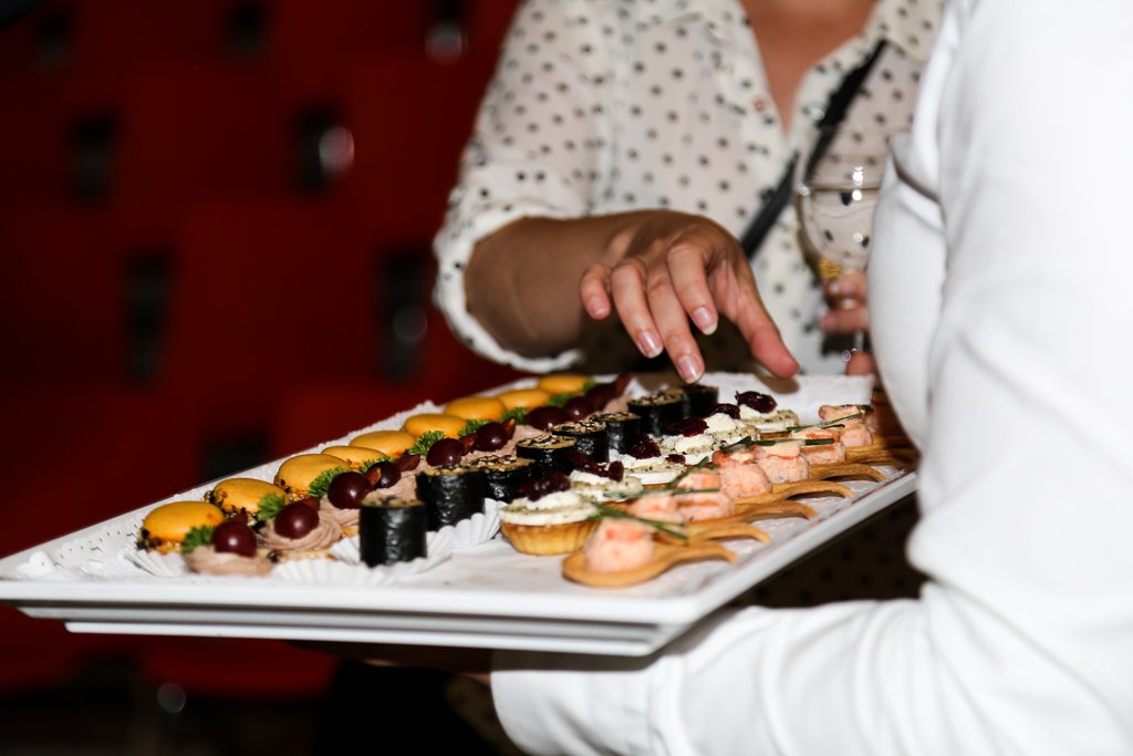 A tray of colourful canapés served during a business event in The Hague.