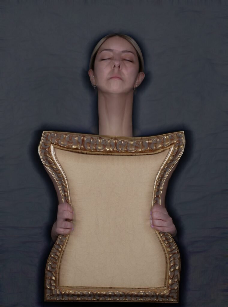 Surreal portrait of a woman holding a warped empty frame